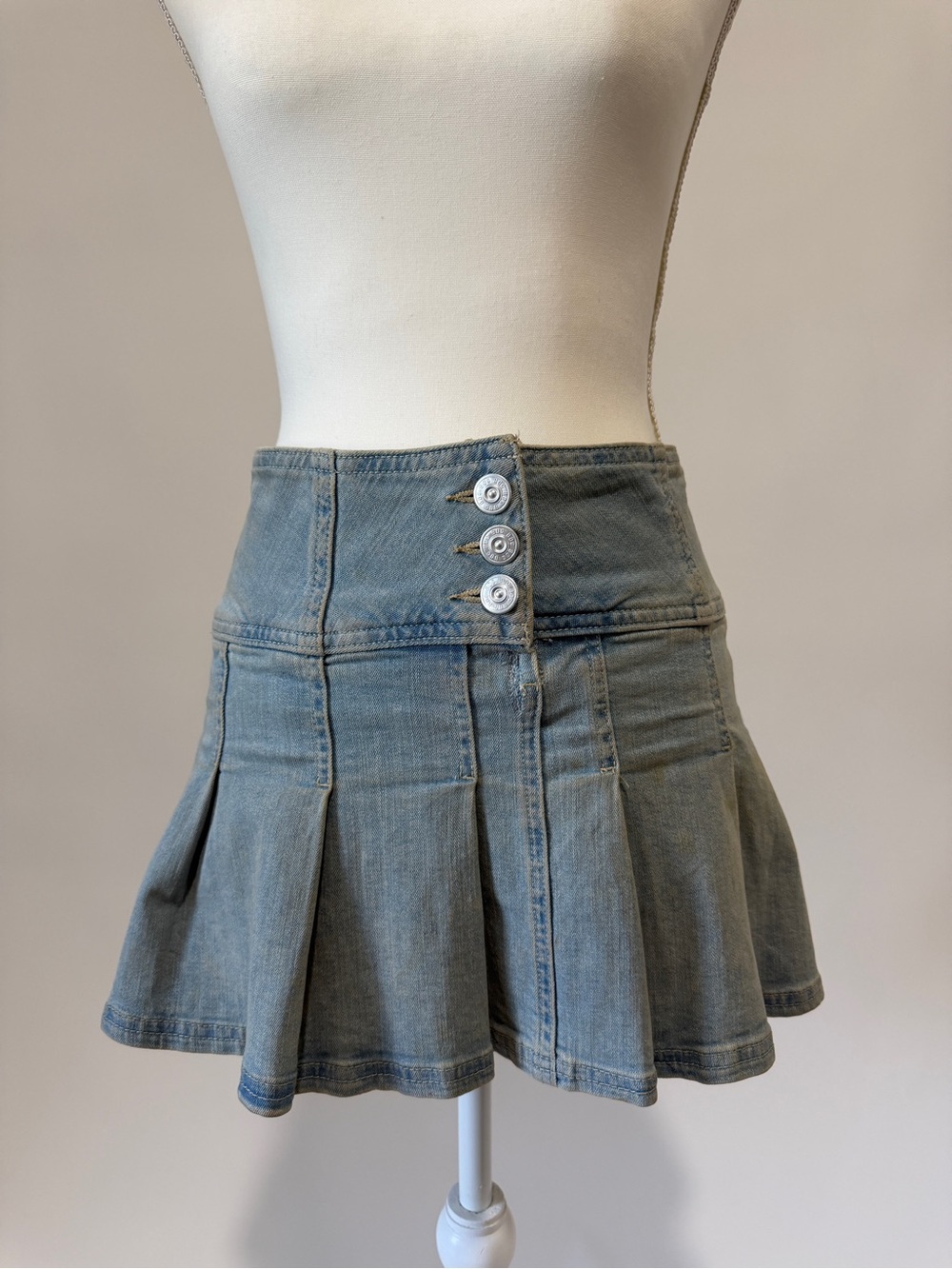 BDG Faded Blue Pleated Denim Skater Skirt
